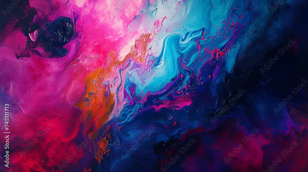Abstract background of acrylic paint in blue, pink, purple and yellow tones