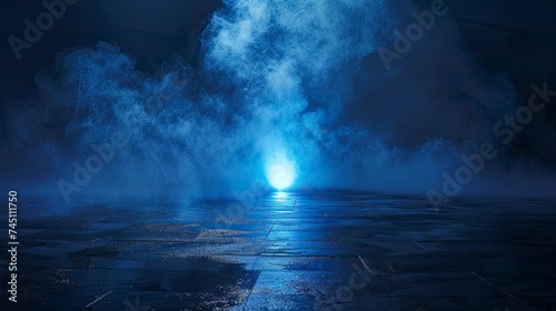 Dark empty scene  blue neon searchlight light  wet asphalt  smoke  night view  rays - generative ai