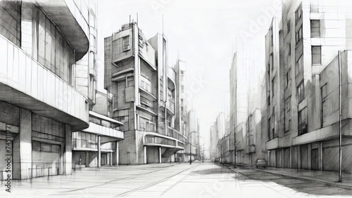 black and white concept drawing of a modern city. street art drawing. Generative AI.