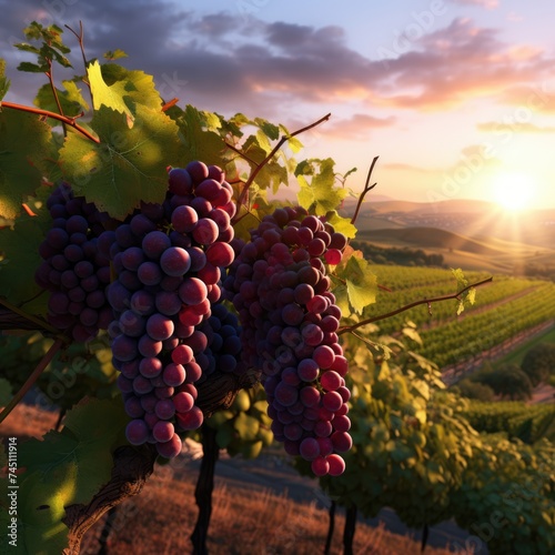 beautiful sunset over grapes on a vineyard 