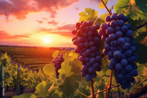 beautiful sunset over grapes on a vineyard 