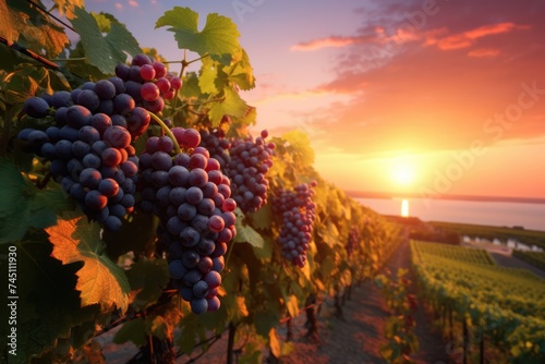 beautiful sunset over grapes on a vineyard 