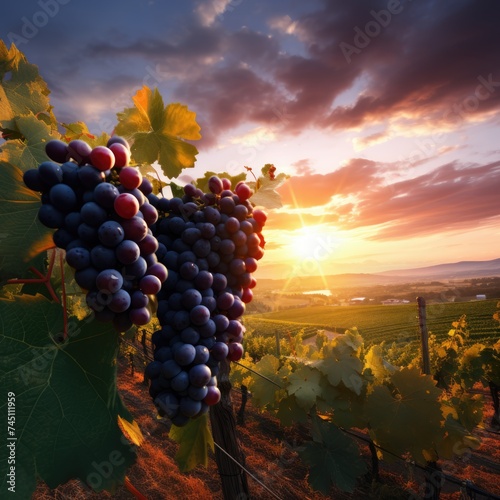 beautiful sunset over grapes on a vineyard 