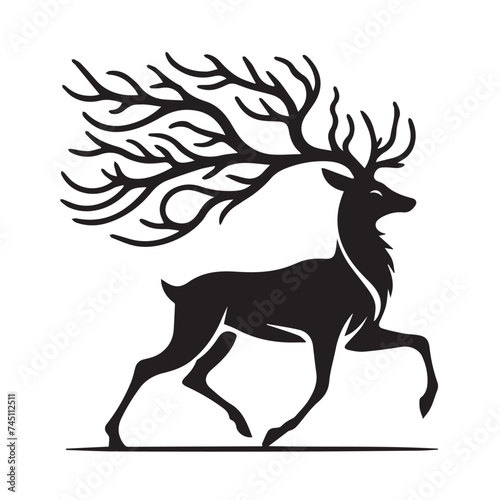 Graceful deer icon and silhouettes isolated on white background