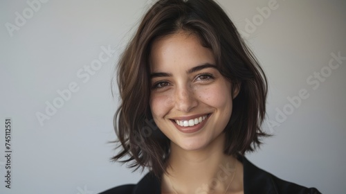 Close up portrait of smiling beautiful millennial businesswoman or CEO looking at camera, happy female boss posing making headshot picture for company photoshoot,