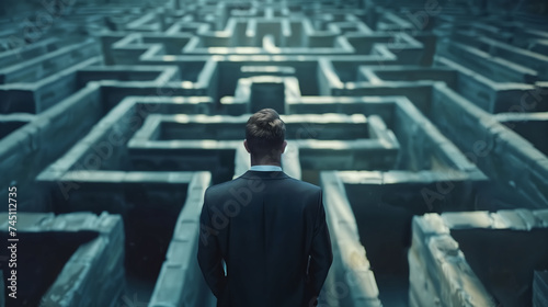 Businessman standing in middle of a maze looking for the right w