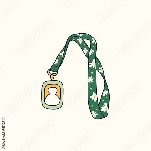 Name tag badge holders with neck green background and daisy flower lanyard, retro groovy lanyard, teacher id card, ever present lanyard vector