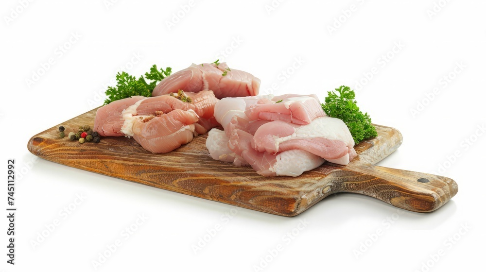 Design of mockup raw chicken and pork on cutting board set isolated on white background. Clipping Path included on white background.