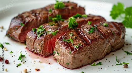 Cut of beef steak with parsley. Isolated.