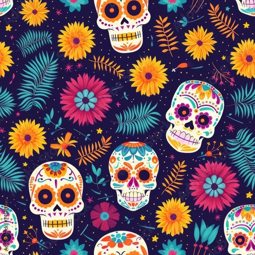 Night Sky Inspired Day of the Dead Skulls and Floral Pattern.