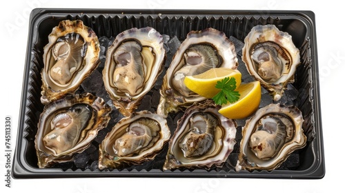 dozen fresh oysters on special cooking and serving metal tray isolated top view