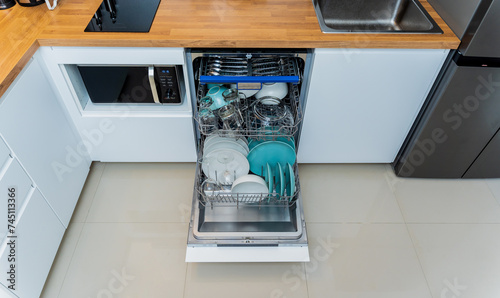 The white kitchen and opened dishwasher with clean dishes
