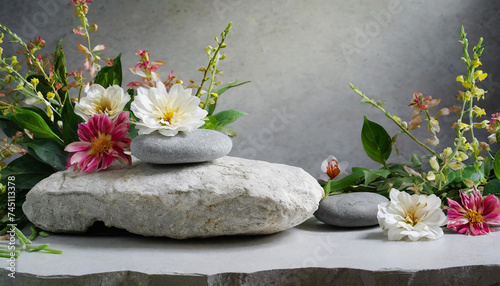 Serene Beauty  Stones and Flowers Podium Background with Free Product Area