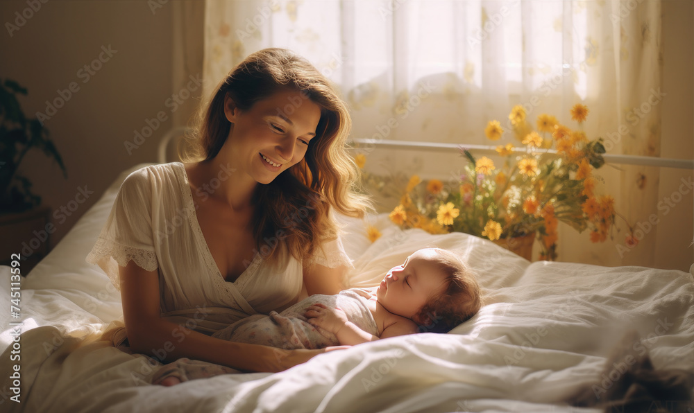 Beautiful young mom and her cute baby in bed Beautiful young mom and her cute baby in bed