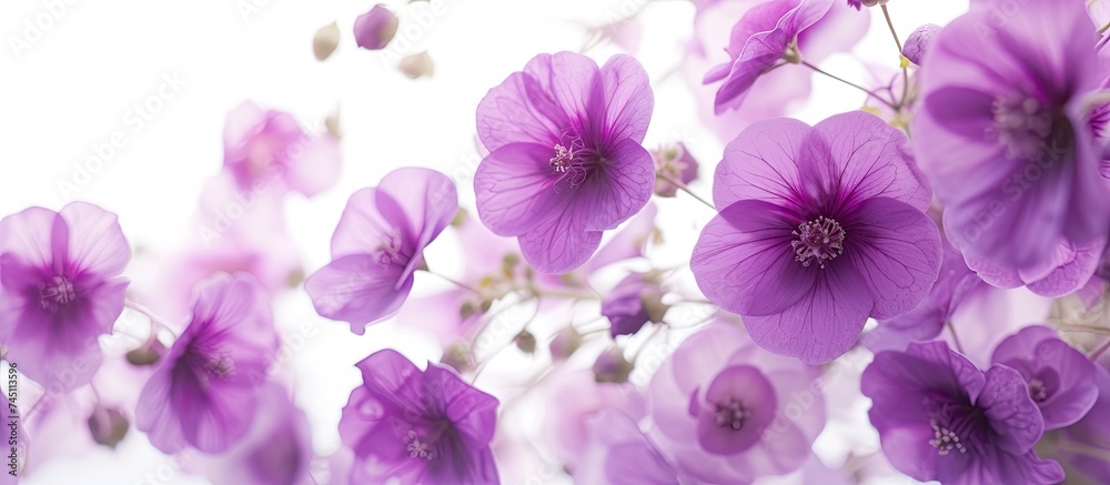 A cluster of vivid purple flowers appears to be suspended in midair against a clean white backdrop. The delicate petals of the flowers create a striking contrast with the surrounding space.