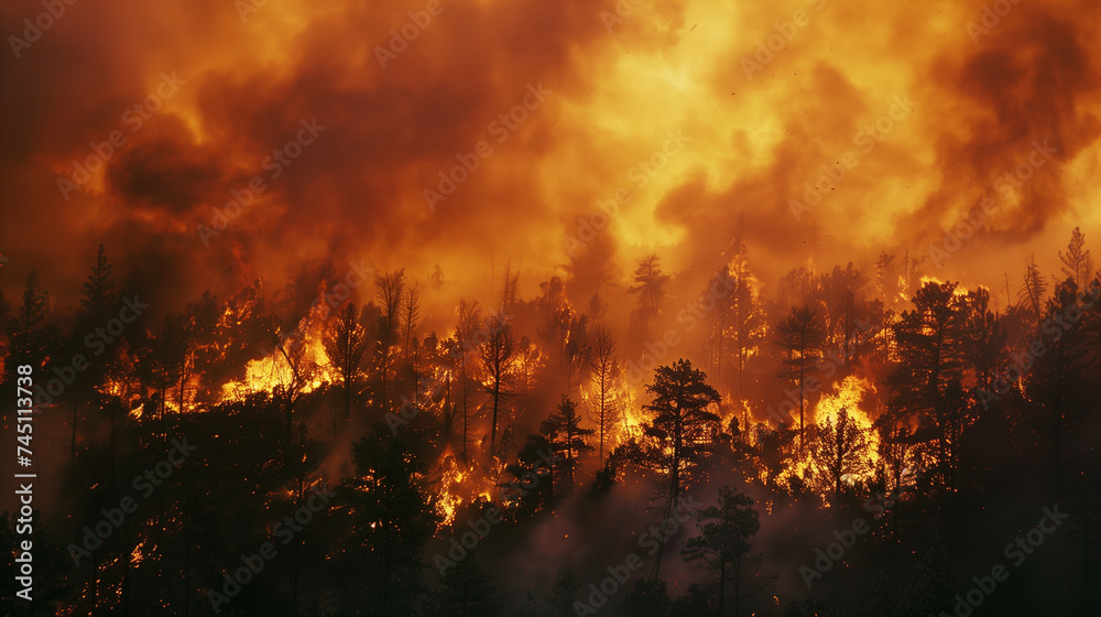A wildfire raging through the forest