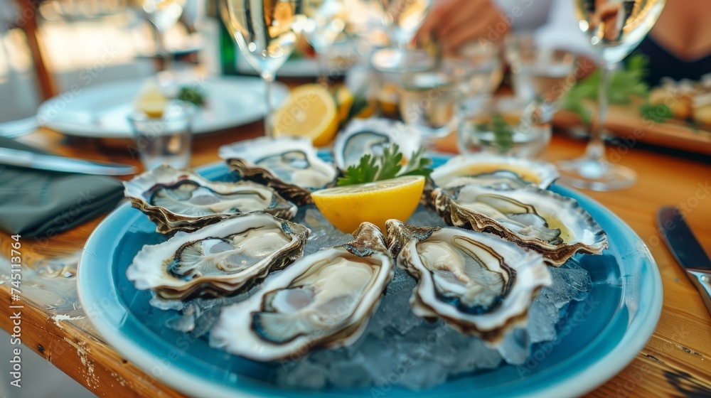 Fresh Oysters close-up on blue plate, served table with oysters, lemon and ice. Table top view. Healthy sea food. Fresh raw Oysterwith champagne dinner in restaurant. Fresh Oysters close-up on blue plate, served table with oysters, lemon and ice. Table top view. Healthy sea food. Fresh raw Oysterwith champagne dinner in restaurant.