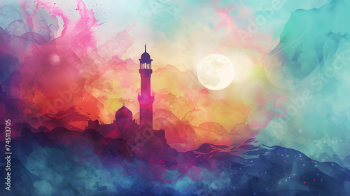 Ramadan Kareem colorful ink style Islamic background 