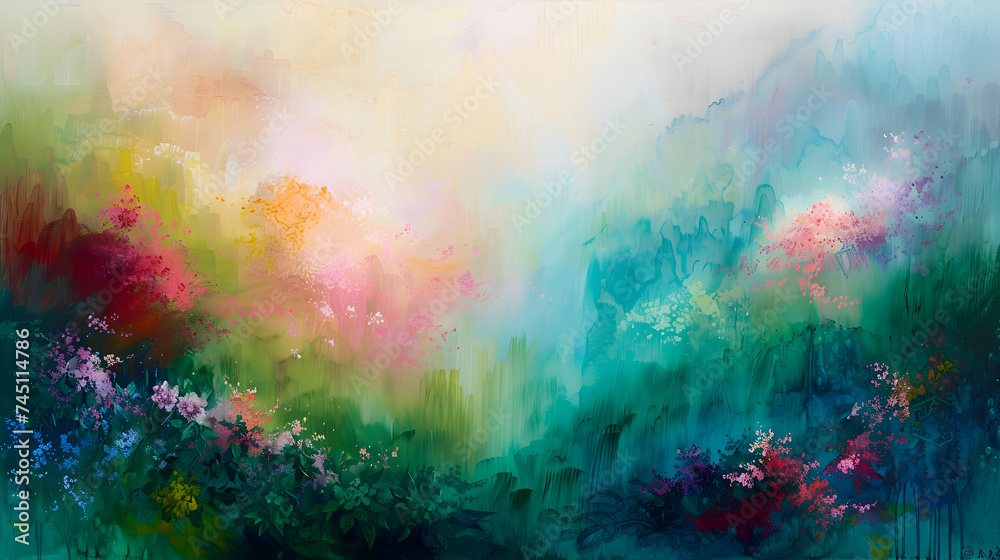 Layers of vibrant pigments blend harmoniously with the lush greenery of spring, creating a captivating abstract composition that mirrors the beauty of nature in full bloom - obrazy, fototapety, plakaty 