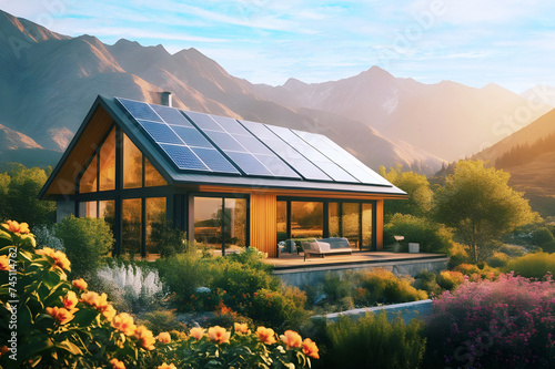 Modern home with solar panels on the roof among the mountains and beautiful nature on a sunny summer day.
