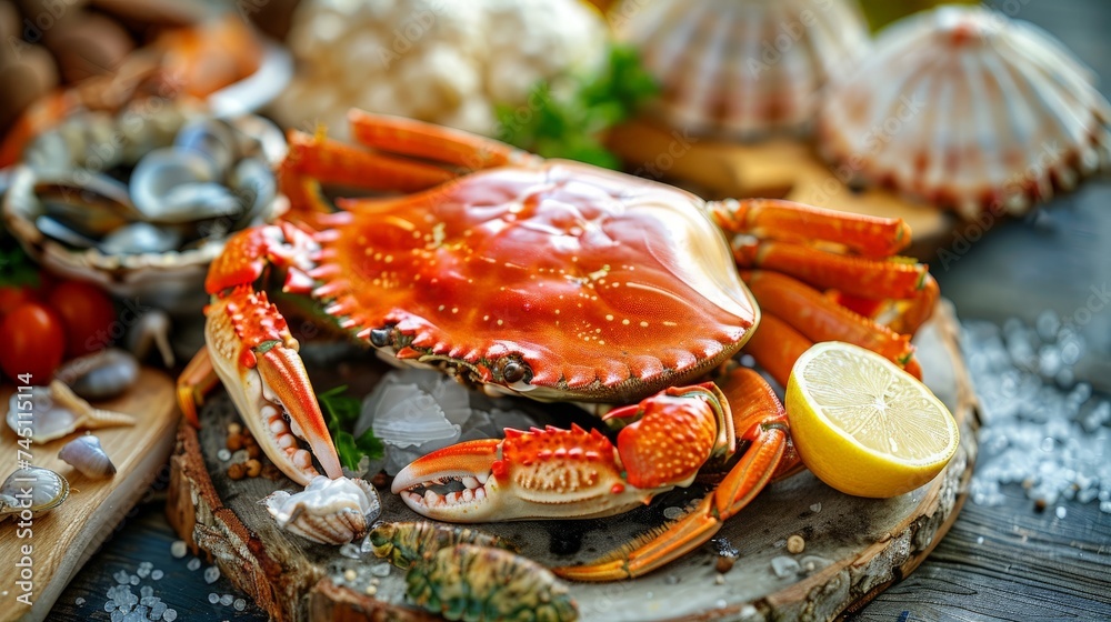 Marine products helping of various kinds of dishes.It is a crab, an abalone, prawns Marine products helping of various kinds of dishes.It is a crab, an abalone, prawns