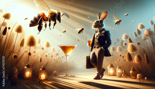 A whimsical scene with a dapper rabbit in a suit holding a cocktail, standing among oversized dandelions with bees flying around in a magical field.Digital art concept.AI generated. photo