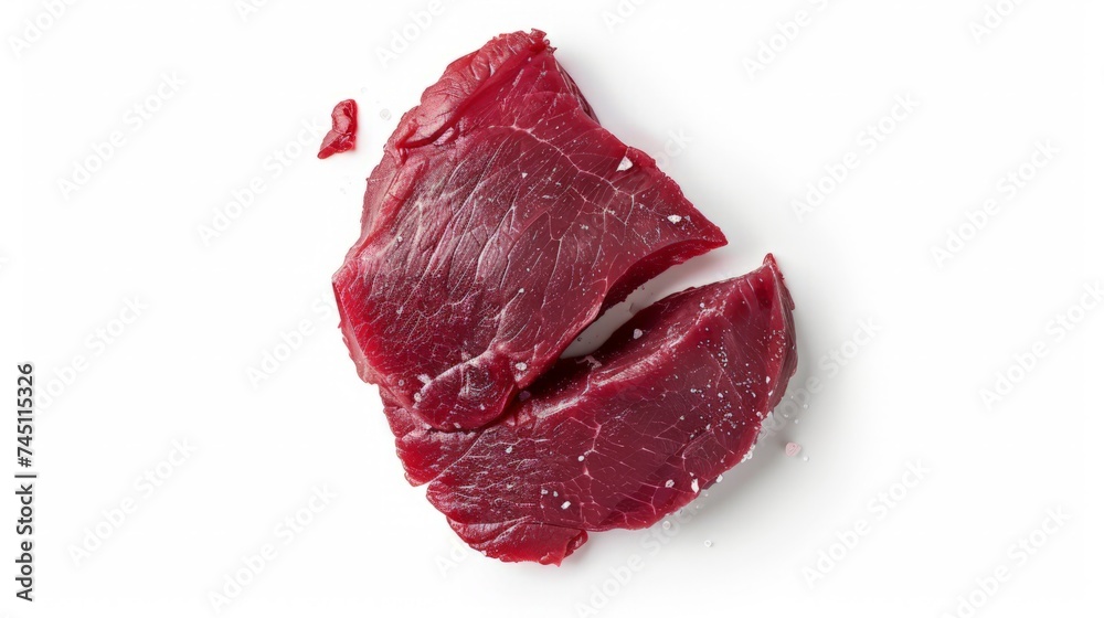 Piece of raw beef isolated on white background, top view, with clipping path Piece of raw beef isolated on white background, top view, with clipping path