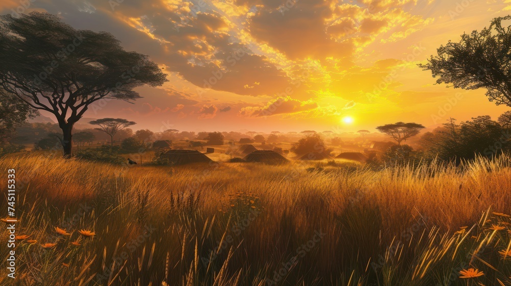 Fototapeta premium Grassland In Golden Sunset
