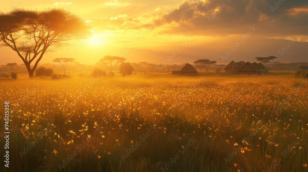 Fototapeta premium Grassland In Golden Sunset