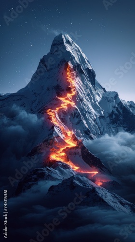 Glowing Mountain With Fire Trail climbing route to peak. Business