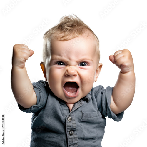 Funny baby hold up fist with emotion