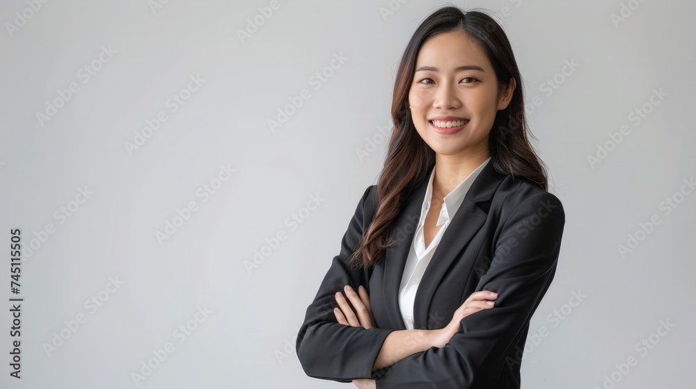 Portrait of a smiling asian businesswoman standing with arms folded and looking at camera isolated over white background Portrait of a smiling asian businesswoman standing with arms folded and looking at camera isolated over white background