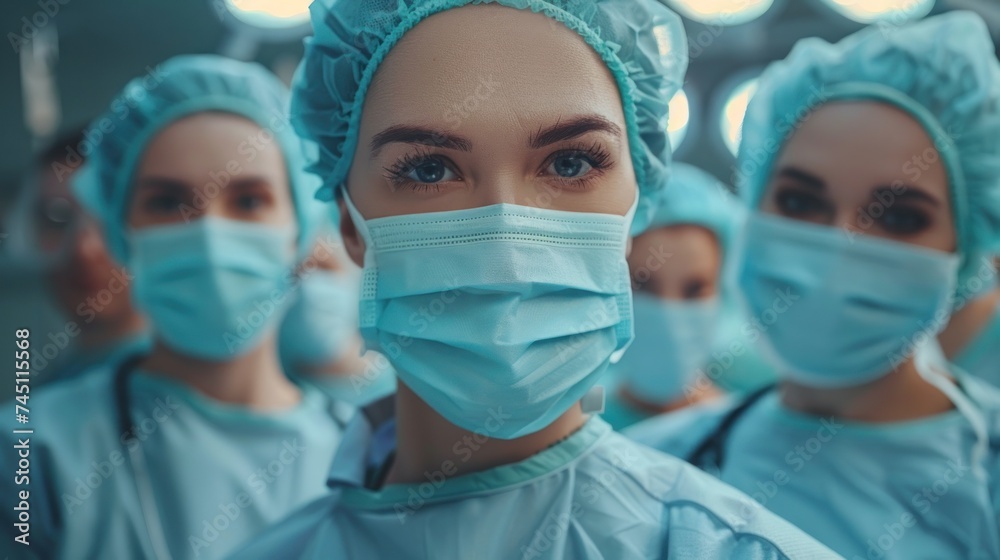 Group of Doctors in Surgical Masks team in surgical operating room Group of Doctors in Surgical Masks team in surgical operating room