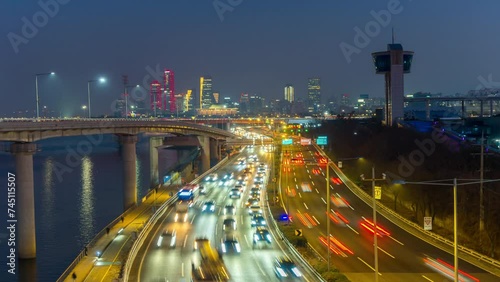 Time lapse of traffic at night in Seoul, South Korea.