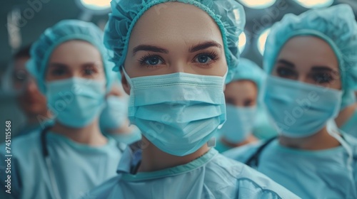 Group of Doctors in Surgical Masks team in surgical operating room
