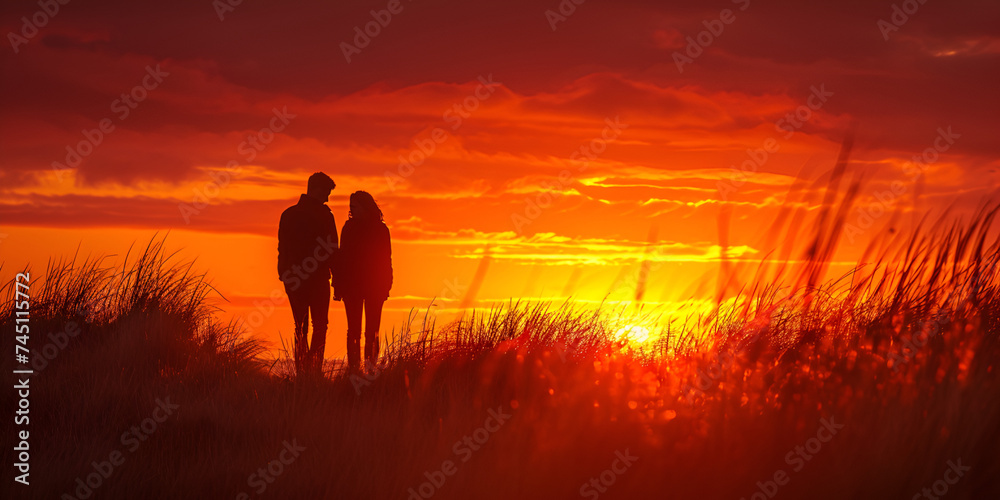  Silhouettes of a Man and a Woman Entwined on a Hill, Under the Sunset Sky, Celebrating Love on Valentine's Day