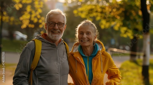 Portrait of lovely happy elderly couple on morning run outside in city park, retirees wife and husband rejoice in active lifestyle,