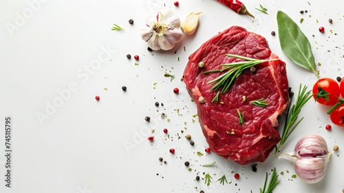 Raw beef steak isolated on white background, top view