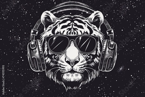 Simple line Illustration tiger in viar glasses with headphones Flying In The Universe black color grunge texture banner. photo