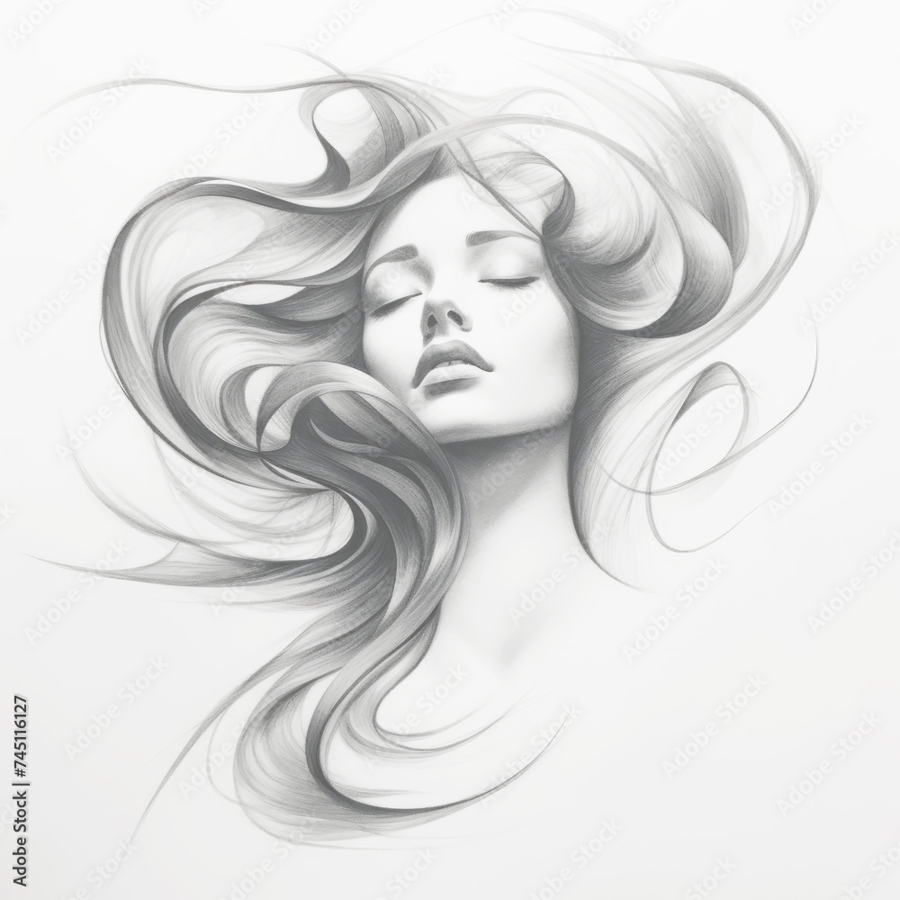 Pencil drawing of a woman with flowing long hair Pencil drawing of a woman with flowing long hair