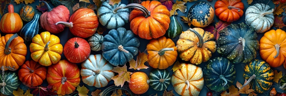 Naklejka premium Vibrant Gourds and Pumpkins in Autumn Harvest Display Generative AI