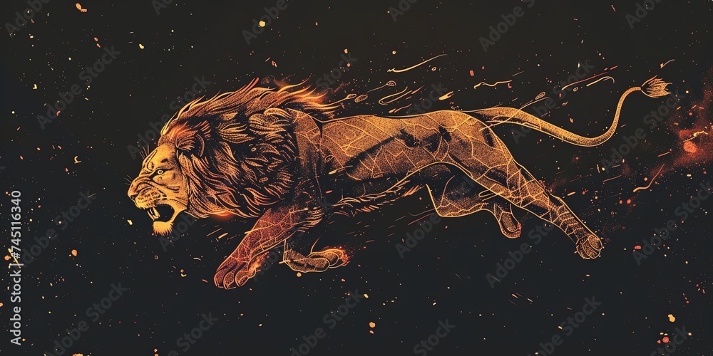 Simple line Illustration LION On Fire Flying In The Universe black color grunge texture black and white modern background, poster.