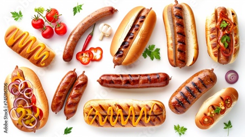Set of delicious grilled sausages on white background