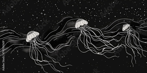 Simple line Illustration jellyfish Flying In The Universe black color grunge texture black and white modern background, poster.