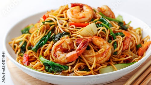 Stir fry noodles with vegetables and shrimps