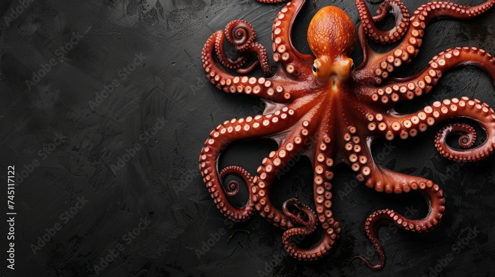 Obraz premium Tasty octopus on black background. Top view flat lay with copy space