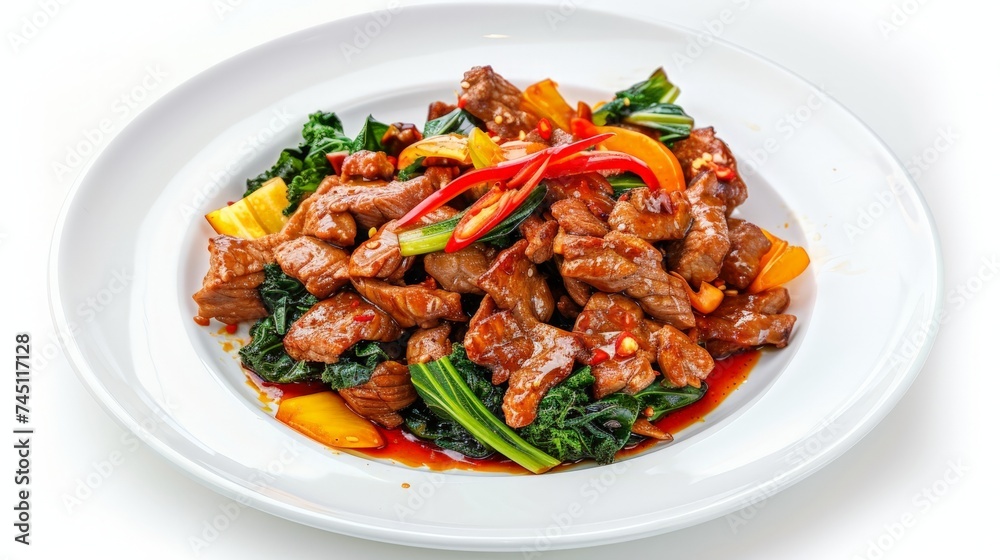 Thai food Stir-fried Crispy Pork spicy and Chinese kale served without rice decorate with green peppers yellow chili and carrots carved white plate top view isolated on white background Thai food Stir-fried Crispy Pork spicy and Chinese kale served without rice decorate with green peppers yellow chili and carrots carved white plate top view isolated on white background