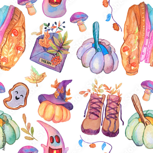Watercolor pattern festive and hand drawn, autumn watercolor pattern