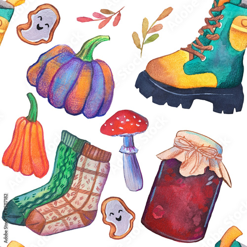 Watercolor pattern festive and hand drawn, autumn watercolor pattern