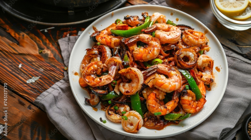 Top view - Fried mix seafood with oyster sauce and green pepper Top view - Fried mix seafood with oyster sauce and green pepper